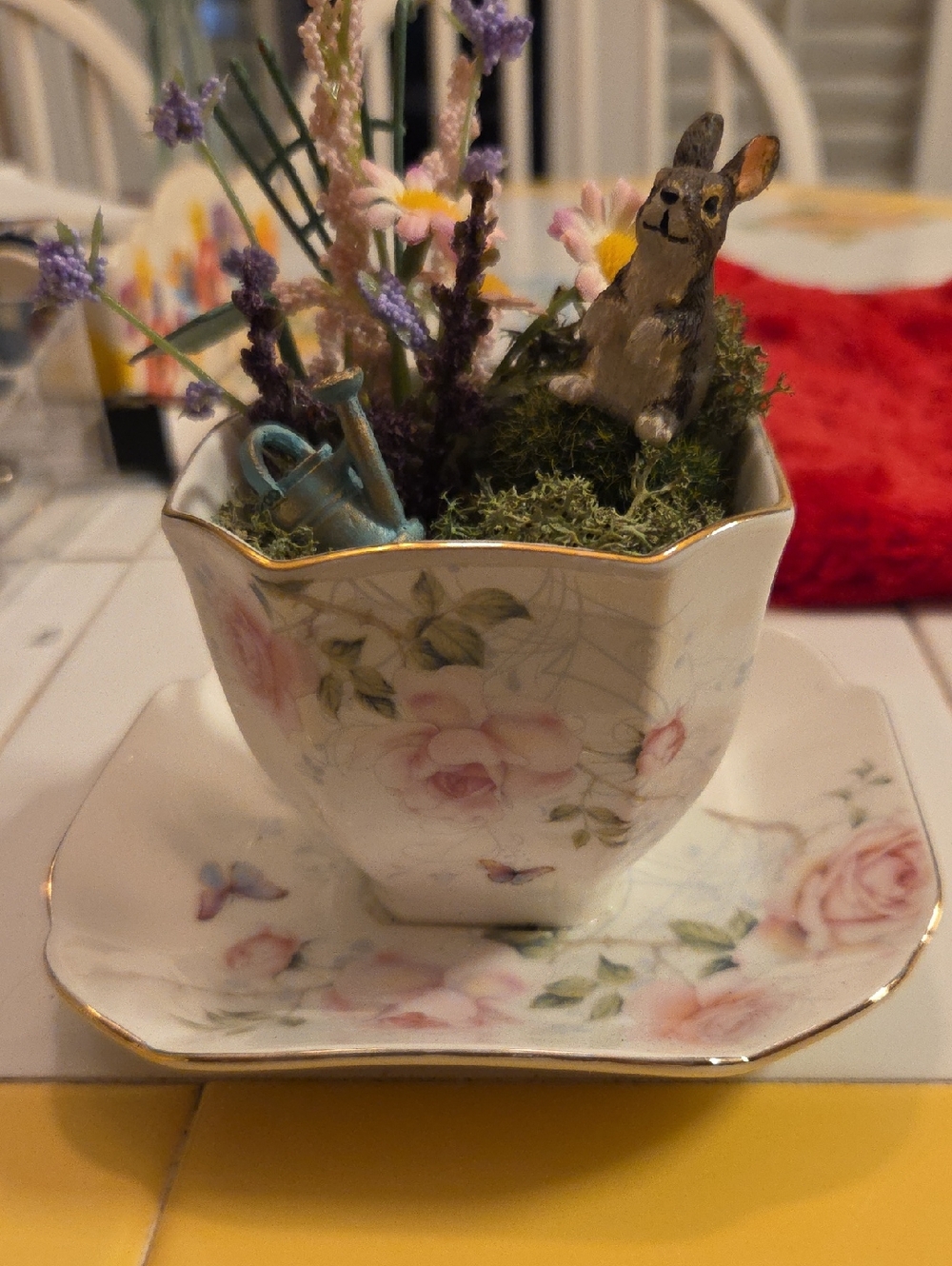 Floral Porcelain Teacup & Saucer Planter with Bunny Accent - Pink Floral